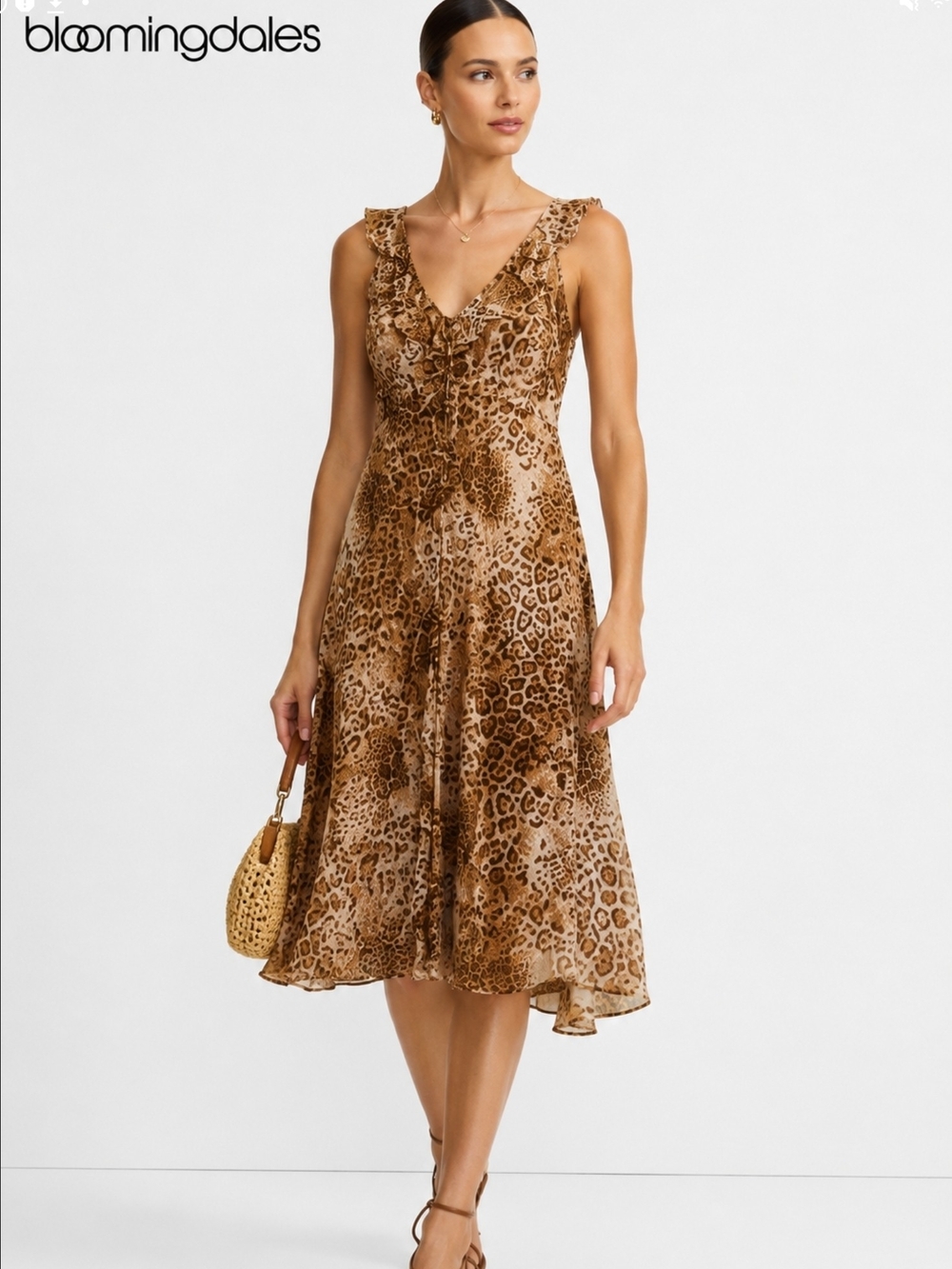 Bloomingdale's Brown Leopard Print Ruffle-Trim Midi Dress